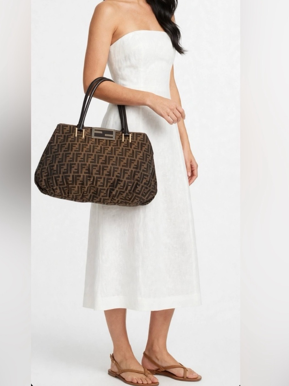 Fendi Brown Zucca Pattern Shoulder Bag with Logo Plaque